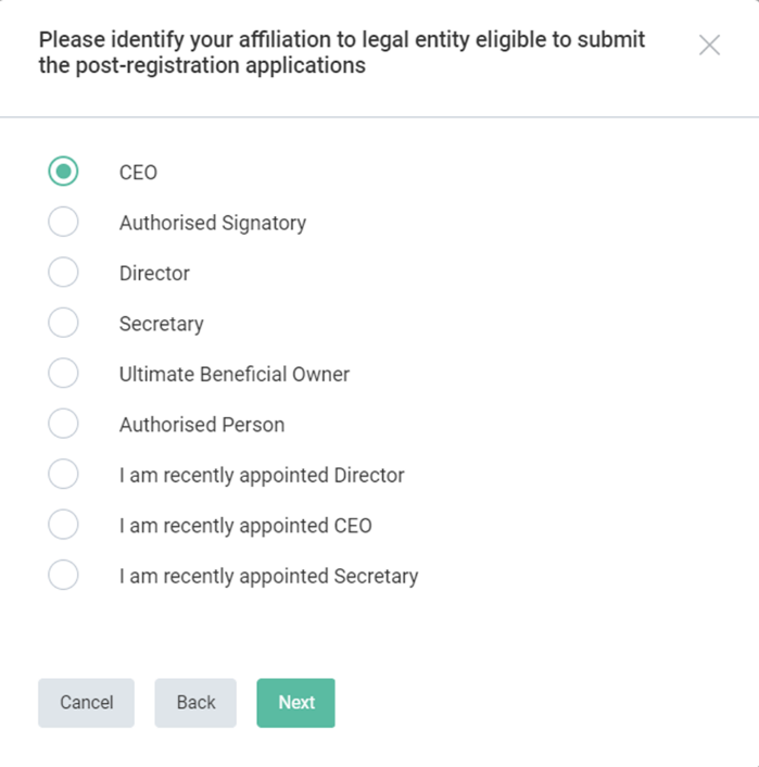 Figure 3. Select affiliation to registered legal entity